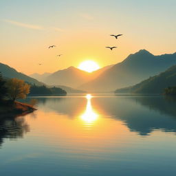 A serene landscape featuring a beautiful sunrise over a calm lake, with mountains in the background and a few birds flying in the sky