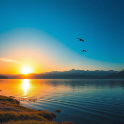 A serene landscape featuring a beautiful sunrise over a calm lake, with mountains in the background and a few birds flying in the sky