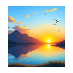 A serene landscape featuring a beautiful sunrise over a calm lake, with mountains in the background and a few birds flying in the sky