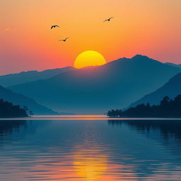 A serene landscape featuring a beautiful sunrise over a calm lake, with mountains in the background and a few birds flying in the sky