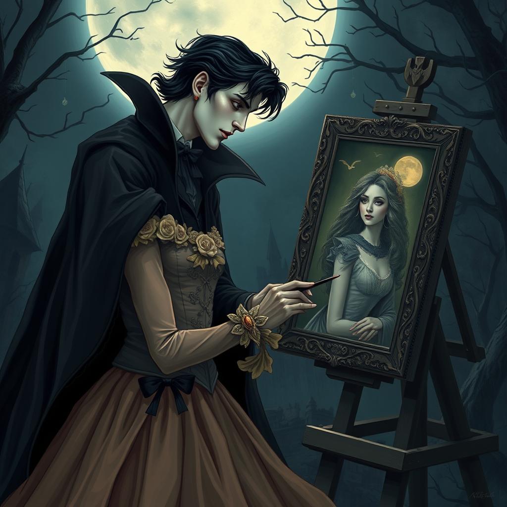 A romantic scene between a vampire and an artist, set in a moonlit gothic environment