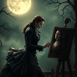 A romantic scene between a vampire and an artist, set in a moonlit gothic environment