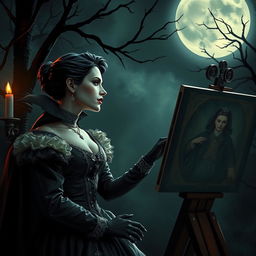 A romantic scene between a vampire and an artist, set in a moonlit gothic environment