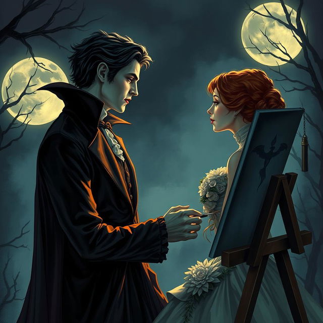 A romantic scene between a vampire and an artist, set in a moonlit gothic environment