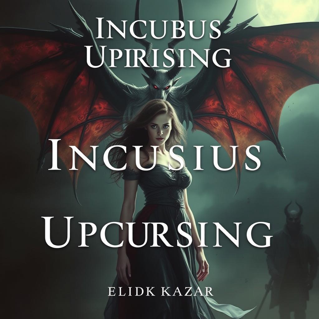 Create an image of a beautiful girl with a confident and mystical aura, standing in front of a menacing demon with extended wings