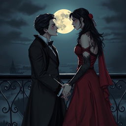 A romantic scene between two vampires under the moonlight