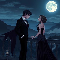 A romantic scene between two vampires under the moonlight