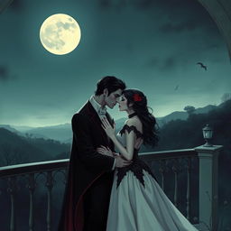 A romantic scene between two vampires under the moonlight