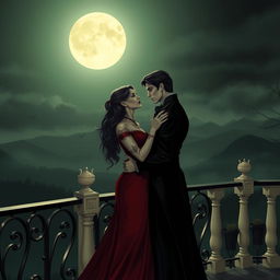 A romantic scene between two vampires under the moonlight