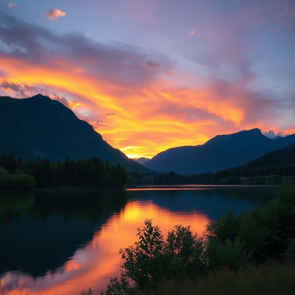 A serene landscape with a beautiful sunset over a calm lake, surrounded by lush green trees and mountains in the background