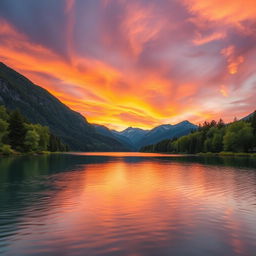 A serene landscape with a beautiful sunset over a calm lake, surrounded by lush green trees and mountains in the background