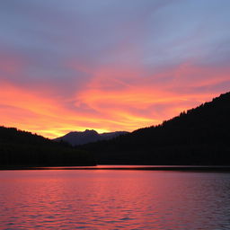 A serene landscape with a beautiful sunset over a calm lake, surrounded by lush green trees and mountains in the background