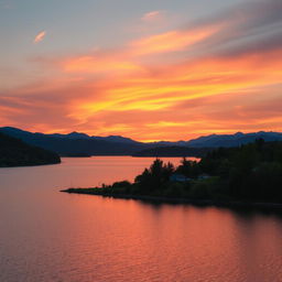 A serene landscape with a beautiful sunset over a calm lake, surrounded by lush green trees and mountains in the background