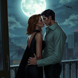 A realistic romantic scene between two vampires under the moonlight