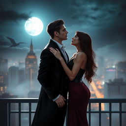 A realistic romantic scene between two vampires under the moonlight