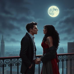 A realistic romantic scene between two vampires under the moonlight