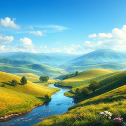 Create a beautiful and serene landscape with rolling hills, a clear blue sky, and a gentle river flowing through the scene