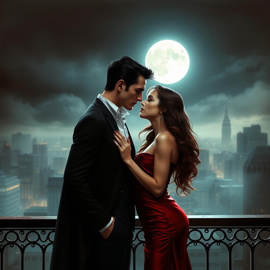 A realistic romantic scene between two vampires under the moonlight