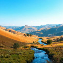 Create a beautiful and serene landscape with rolling hills, a clear blue sky, and a gentle river flowing through the scene