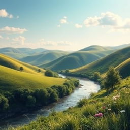 Create a beautiful and serene landscape with rolling hills, a clear blue sky, and a gentle river flowing through the scene