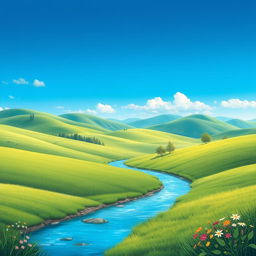 Create a beautiful and serene landscape with rolling hills, a clear blue sky, and a gentle river flowing through the scene