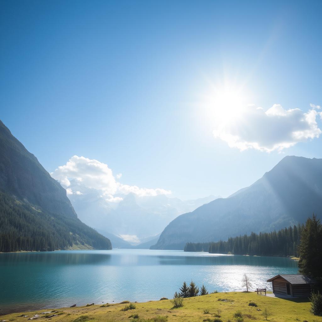 A beautiful landscape featuring a serene lake surrounded by mountains and lush forest