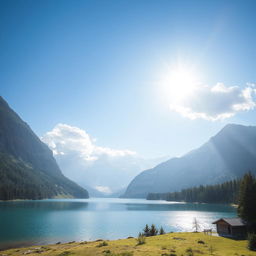 A beautiful landscape featuring a serene lake surrounded by mountains and lush forest