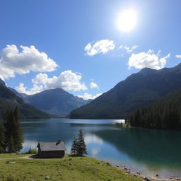 A beautiful landscape featuring a serene lake surrounded by mountains and lush forest