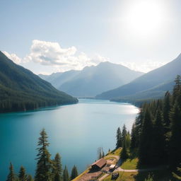 A beautiful landscape featuring a serene lake surrounded by mountains and lush forest