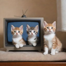 Cheerful and interested kittens sitting in their cozy home, eyes fixed on a TV showing a fun-packed episode of 'Tom and Jerry'