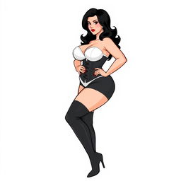 A stylized depiction of a voluptuous woman wearing a corset and thigh-high boots