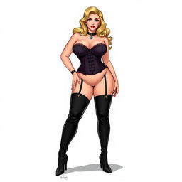 A stylized depiction of a voluptuous woman wearing a corset and thigh-high boots