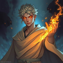 A detailed illustration of a male aasimar sorcerer with glowing orange eyes