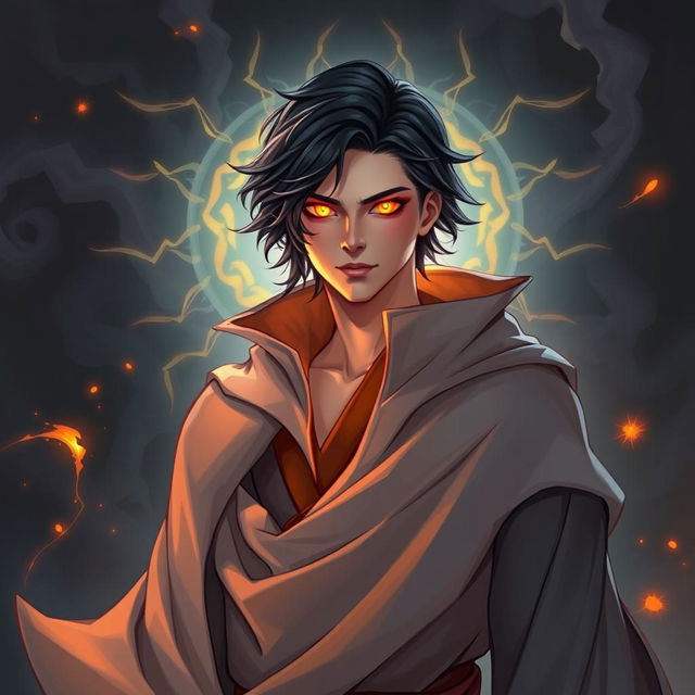 A detailed illustration of a male aasimar sorcerer with glowing orange eyes