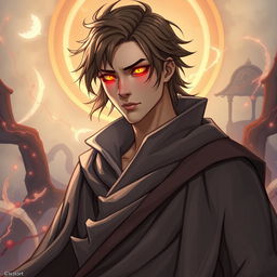 A detailed illustration of a male aasimar sorcerer with glowing orange eyes