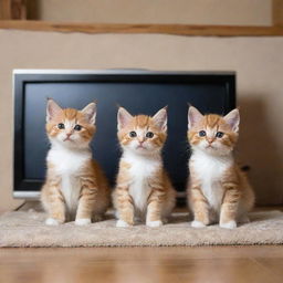 Cheerful and interested kittens sitting in their cozy home, eyes fixed on a TV showing a fun-packed episode of 'Tom and Jerry'