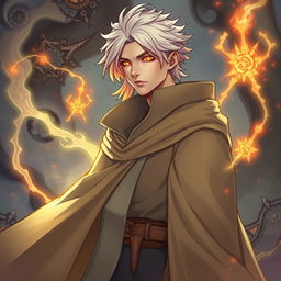 A detailed illustration of a male aasimar sorcerer with glowing orange eyes