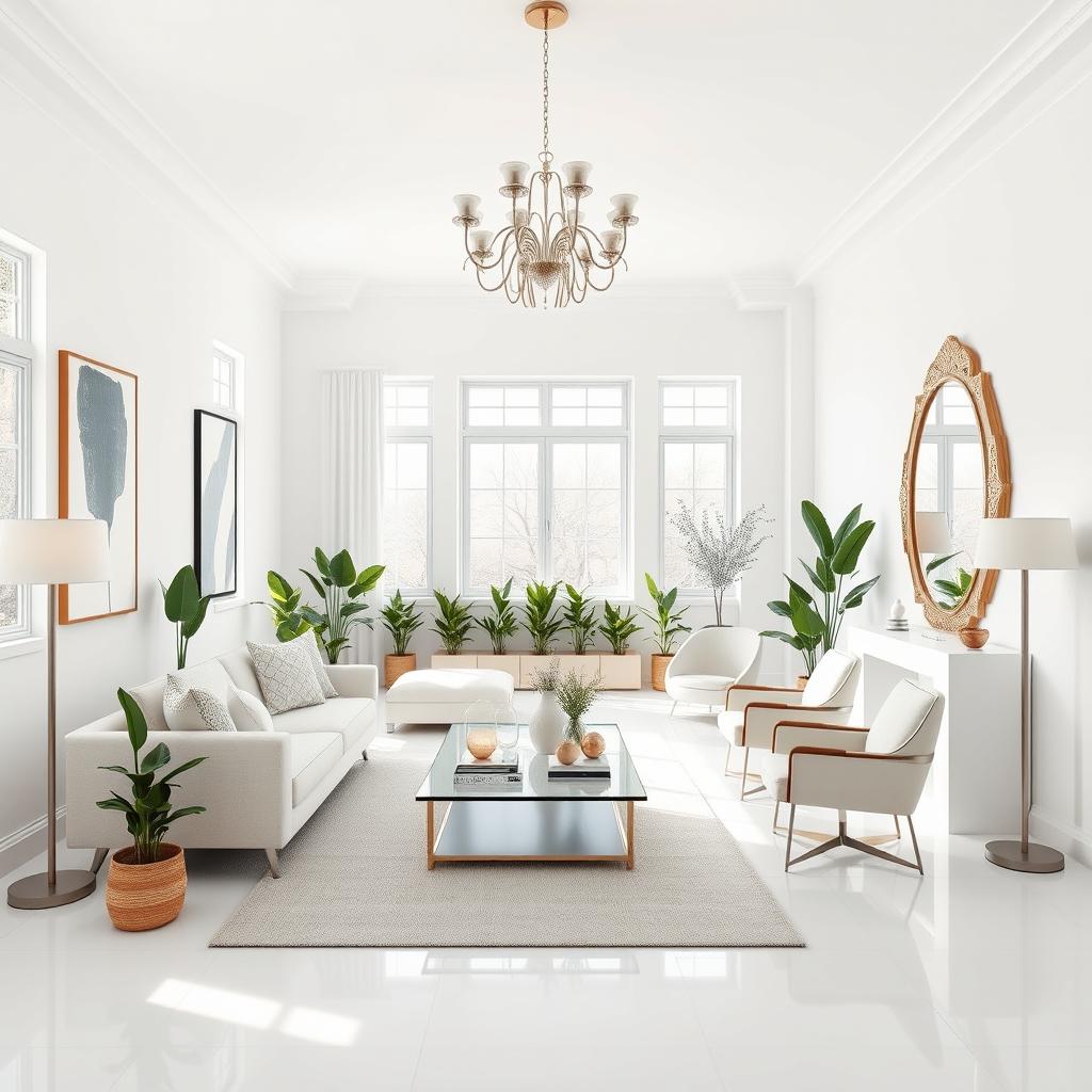 The image depicts a beautifully decorated room with white walls and flooring