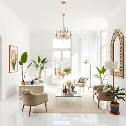 The image depicts a beautifully decorated room with white walls and flooring