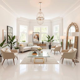 The image depicts a beautifully decorated room with white walls and flooring