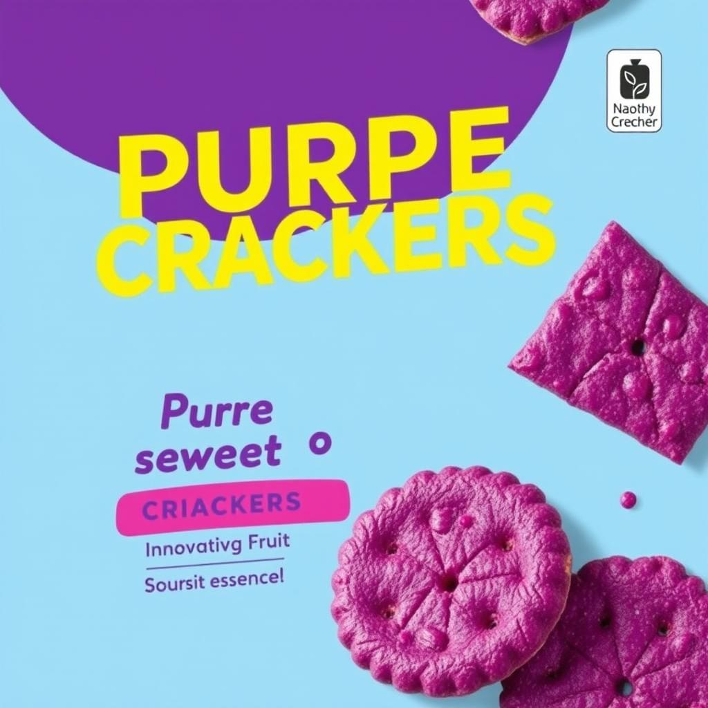 A product cover showcasing purple sweet potato crackers with an innovative soursop fruit flavor