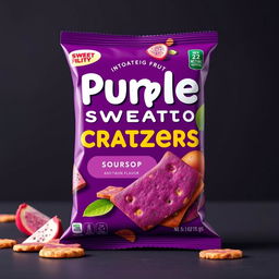 A product cover showcasing purple sweet potato crackers with an innovative soursop fruit flavor