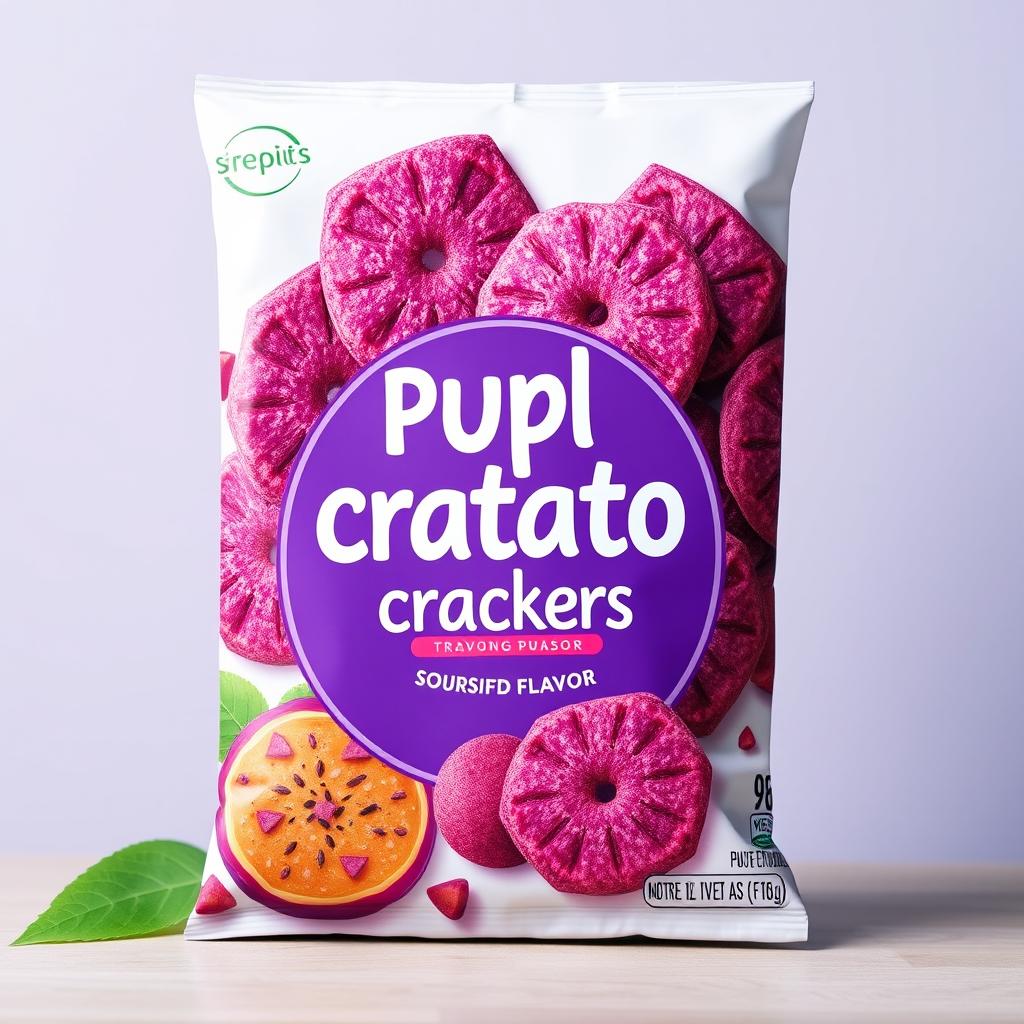 A product cover showcasing purple sweet potato crackers with an innovative soursop fruit flavor