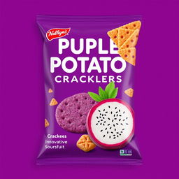 A product cover showcasing purple sweet potato crackers with an innovative soursop fruit flavor