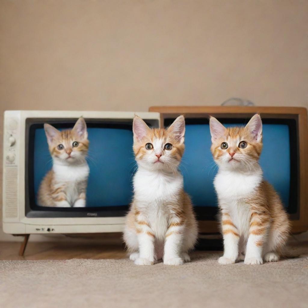 Cheerful and interested kittens sitting in their cozy home, eyes fixed on a TV showing a fun-packed episode of 'Tom and Jerry'