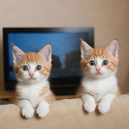 Cheerful and interested kittens sitting in their cozy home, eyes fixed on a TV showing a fun-packed episode of 'Tom and Jerry'