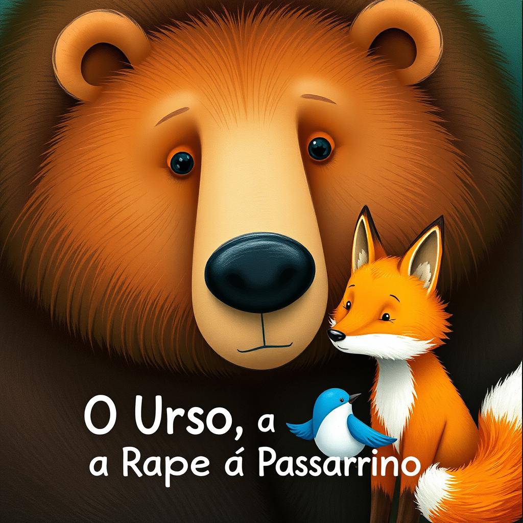 Create a book cover titled 'O Urso, a Raposa e o Passarinho' featuring a large brown bear with gentle eyes, a golden-furred fox, and a small blue bird