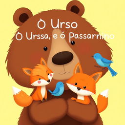 Create a book cover titled 'O Urso, a Raposa e o Passarinho' featuring a large brown bear with gentle eyes, a golden-furred fox, and a small blue bird