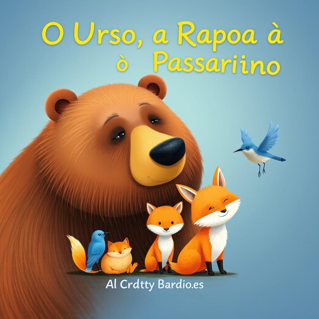 Create a book cover titled 'O Urso, a Raposa e o Passarinho' featuring a large brown bear with gentle eyes, a golden-furred fox, and a small blue bird