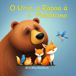 Create a book cover titled 'O Urso, a Raposa e o Passarinho' featuring a large brown bear with gentle eyes, a golden-furred fox, and a small blue bird